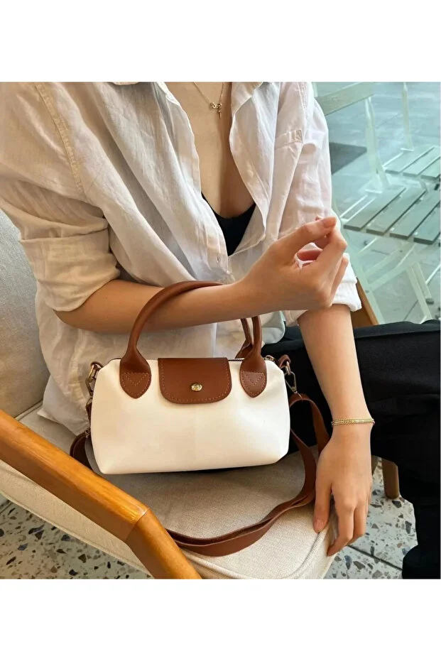 Kadın Krem Taba Çift Renkli Minimalist Mini El ve Omuz Çantası - Fermuarlı Çapraz Kadın Çanta